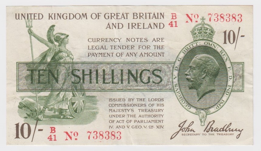 Bradbury 10 Shillings issued 16th December 1918, red serial No. B/41 738383, No. with dash (T20,