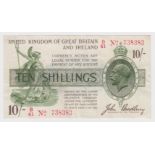 Bradbury 10 Shillings issued 16th December 1918, red serial No. B/41 738383, No. with dash (T20,