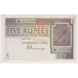 India 5 Rupees issued 1925, signed H. Denning, watermark without wavy lines, serial L/45 314158 (TBB