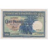 Belgian Congo 100 Francs dated 10th June 1944, serial A970560, 'duexieme emission 1944' overprint on