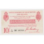 Bradbury 10 Shillings issued 1915, 6 digit serial number X1/89 007016 (T13.2, Pick348a) 3 vertical