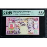 Gibraltar 20 Pounds dated 1st July 1995, serial AA460207 (TBB B125a, Pick27a) in PMG holder graded