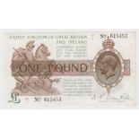 Warren Fisher 1 Pound issued 1923, serial L1/1 615453, FIRST PREFIX of mid run, No. with dot (T31,