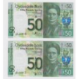 Scotland, Clydesdale Bank 50 Pounds (2) dated 16th August 2009, a consecutively numbered pair of
