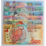 Suriname (6), 1000 Gulden, 500 Gulden, 100 Gulden, 25 Gulden, 10 Gulden & 5 Gulden dated 1st January