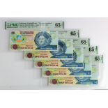 Bahamas 1 Dollar (5) dated 1992, a consecutively numbered run of 5 Commemorative notes,