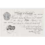 Peppiatt 5 Pounds dated 17th March 1947, serial L67 057740, London issue on thin paper, a