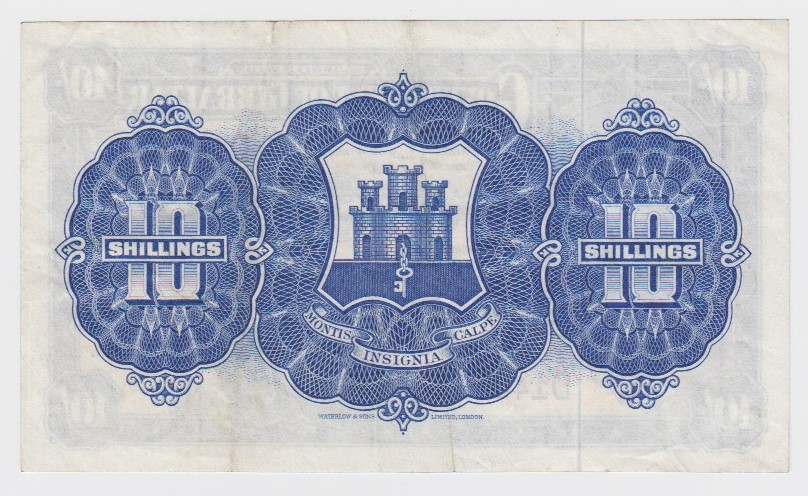 Gibraltar 10 Shillings dated 1st July 1954, serial D140351 (TBB B115a, Pick14c) VF - Image 2 of 2