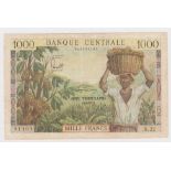 Cameroun 1000 Francs issued 1962, serial X.22 91101 (TBB B306b, Pick12b) edge nicks, small hole,