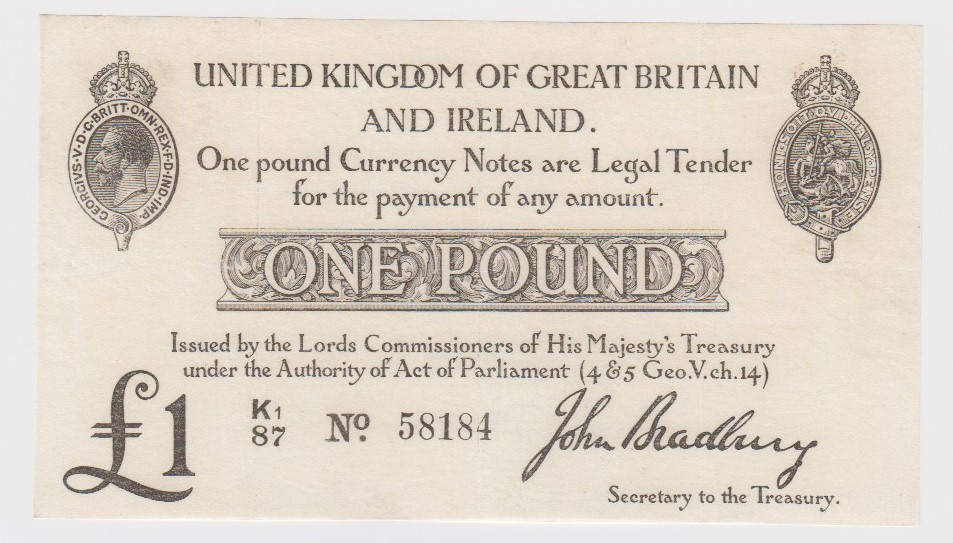 Bradbury 1 Pound issued 23rd October 1914, serial K1/87 58184 (T11.2, Pick349a) pinhole, pressed