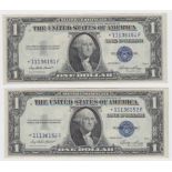 USA America 1 Dollar (2) dated Series 1935 E, REPLACEMENT STAR notes, a consecutively numbered pair,