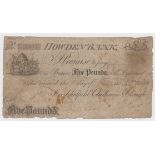 Howden Bank 5 Pounds dated 182?, serial No. faded, for Scholfield, Clarksons & Clough (Outing993)