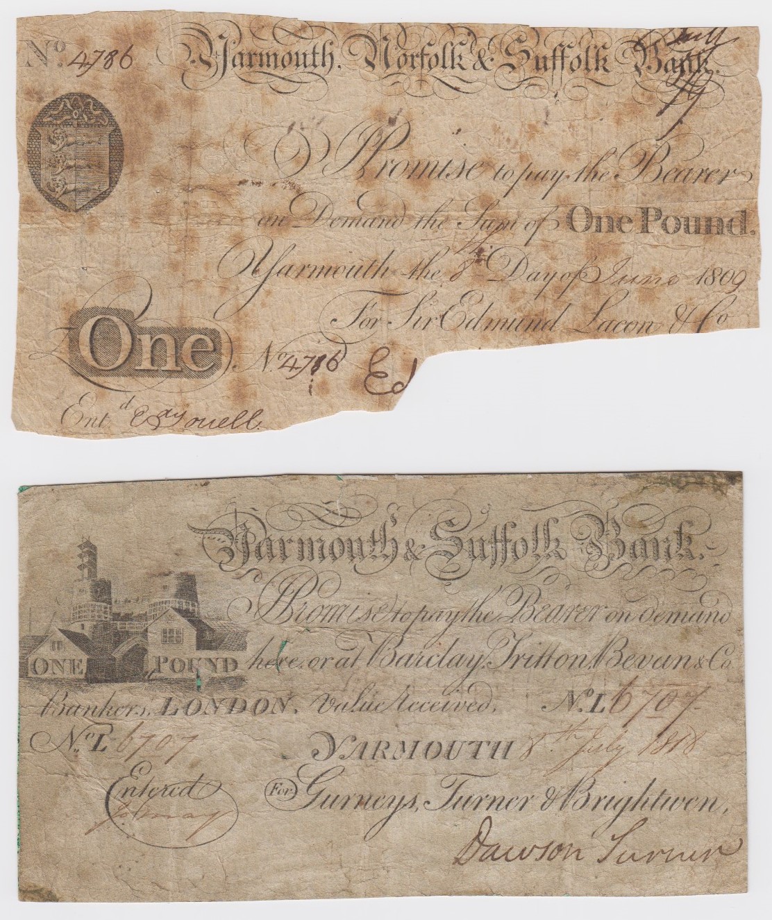 Yarmouth (2), Yarmouth and Suffolk Bank 1 Pound dated 8th July 1818, serial No. L6707 for Gurneys,