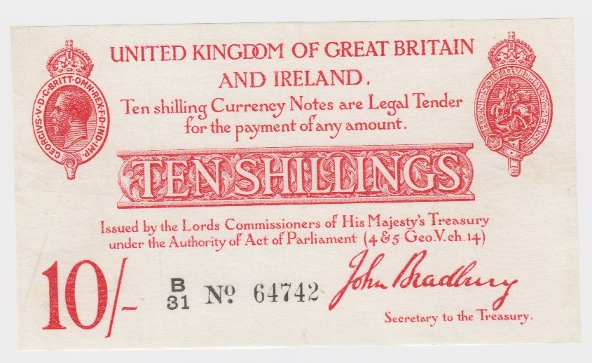 Bradbury 10 Shillings issued 1915, 5 digit serial number B/31 64742 (T12.1, Pick348a) original VF+