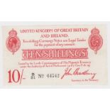 Bradbury 10 Shillings issued 1915, 5 digit serial number B/31 64742 (T12.1, Pick348a) original VF+