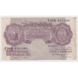 Peppiatt 10 Shillings issued 1940, mauve WW2 emergency issue, scarce REPLACEMENT note, serial T08D