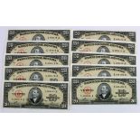 Cuba 20 Pesos (10) dated 1960, signed Che Guevara, a consecutively numbered run of 9 plus one other,