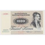 Denmark 1000 Kroner dated 1986, serial C2862B 3990804 (TBB B924e, Pick53f) very light signs of