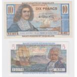 Saint Pierre et Miquelon (2), 10 Francs and 5 Francs issued 1950 - 1960 (Pick22 - Pick23) the 5