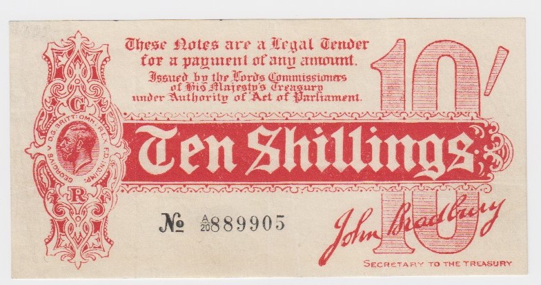 Bradbury 10 Shillings issued 1914, Royal Cypher watermark, serial A/20 889905, No. with dash (T9,