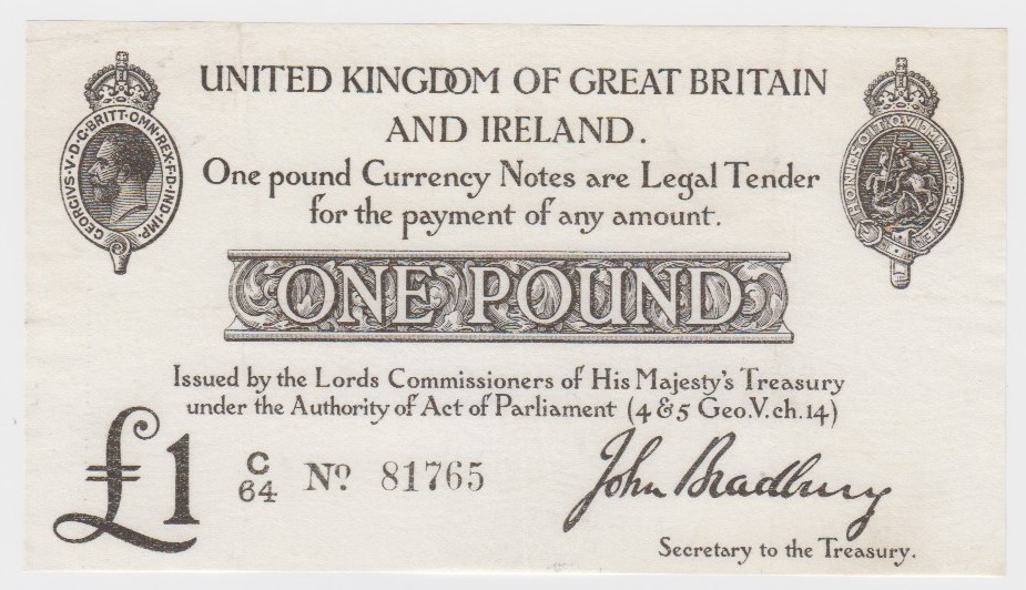 Bradbury 1 Pound issued 23rd October 1914, serial C/64 81765 (T11, Pick349a) pressed about EF