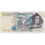 Italy 500,000 Lire dated 6th May 1997, final pre Euro issue, portrait Raffaello at right, serial