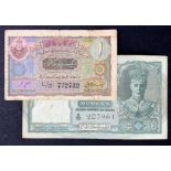 India (2), 5 Rupees issued 1943, signed C.D. Deshmukh, portrait King George VI at right, BLACK