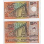 Papua New Guinea 50 Kina (3) issued 1999, a consecutively numbered run, serial MV99188994 -