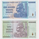 Zimbabwe (2), 100 Trillion Dollars & 50 Trillion Dollars dated 2008, the two highest denominations