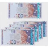 Malaysia 100 Ringgit (5) issued 1998 - 2001, a consecutively numbered run of 4 REPLACEMENT notes