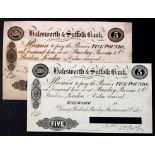 Halesworth & Suffolk Bank (2), 5 Pounds SPECIMEN on card, for Guerneys, Birkbeck, Turner & Brightwen