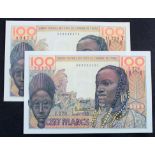 West African States 100 Francs (2) issued 1959, serial J.278 31153 (TBB B102b, Pick2b) and dated 2nd