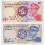 Lesotho Monetary Authority (2) 5 Maloti & 10 Maloti issued 1979, a pair of SPECIMEN notes serial