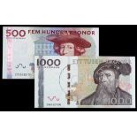 Sweden (2), 1000 Kronor dated 2005, portrait Gustav Vasa at right, foil hologram (Pick67), 500