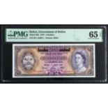 Belize 2 Dollars dated 1st June 1975, Queen Elizabeth II portrait at right, serial B/1 249911 (TBB