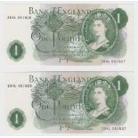 ERROR Page 1 Pound (2) issued 1970, a very scarce pair of IDENTICAL mismatched serial numbers, top