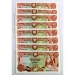 Cyprus 500 Mils (8) dated 1st June 1982, a consecutively numbered run of 8 notes, serial B927793 -