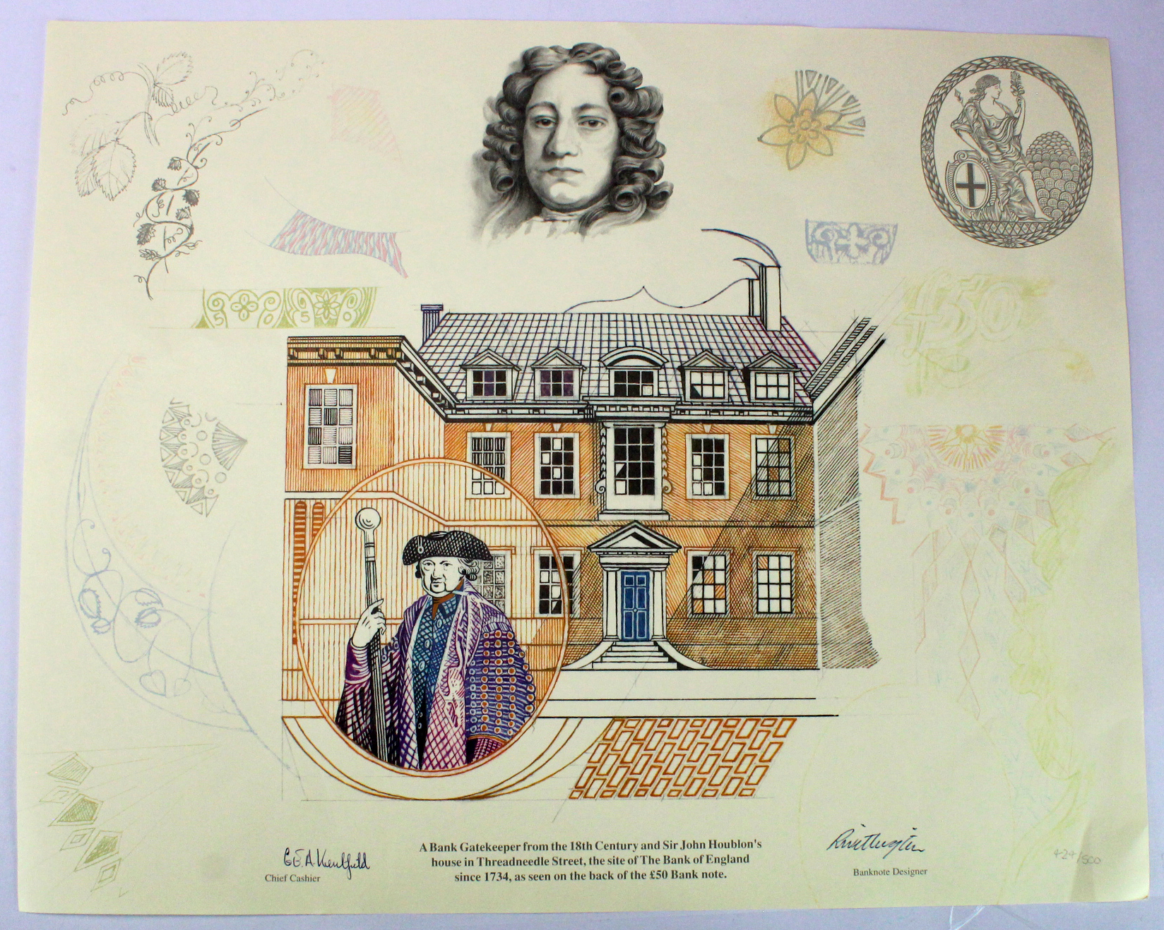 Limited edition design sketch of a Bank Gatekeeper and Sir John Houblon's house in Threadneedle