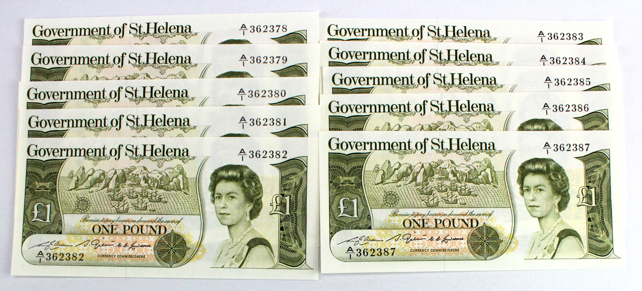 Saint Helena 1 Pound (10) issued 1981, a consecutively numbered run of 10 notes, serial A/1 362378 -