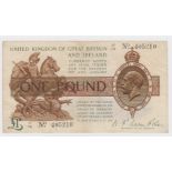 Warren Fisher 1 Pound issued 1923, a rarer FIRST SERIES note serial number A1/73 405210 (T31,