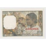 Comores 100 Francs issued 1960 - 1963, red horizontal 'COMORES' overprint, serial Z.2967 906 (TBB