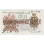 Warren Fisher 1 Pound issued 25th July 1927, rarer Great Britain & Northern Ireland issue, serial