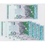 Malaysia 50 Ringgit (5) issued 1998 - 2001, a consecutively numbered run of REPLACEMENT notes,