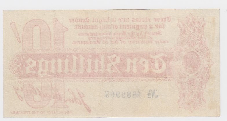 Bradbury 10 Shillings issued 1914, Royal Cypher watermark, serial A/20 889905, No. with dash (T9, - Image 2 of 2