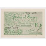 Jersey 10 Shillings issued 1941 - 1942, German Occupation issue during WW2, serial number 25181 (TBB