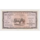 Burundi 10 Francs dated 20th March 1965, serial G707054 (TBB B109c, Pick9) EF