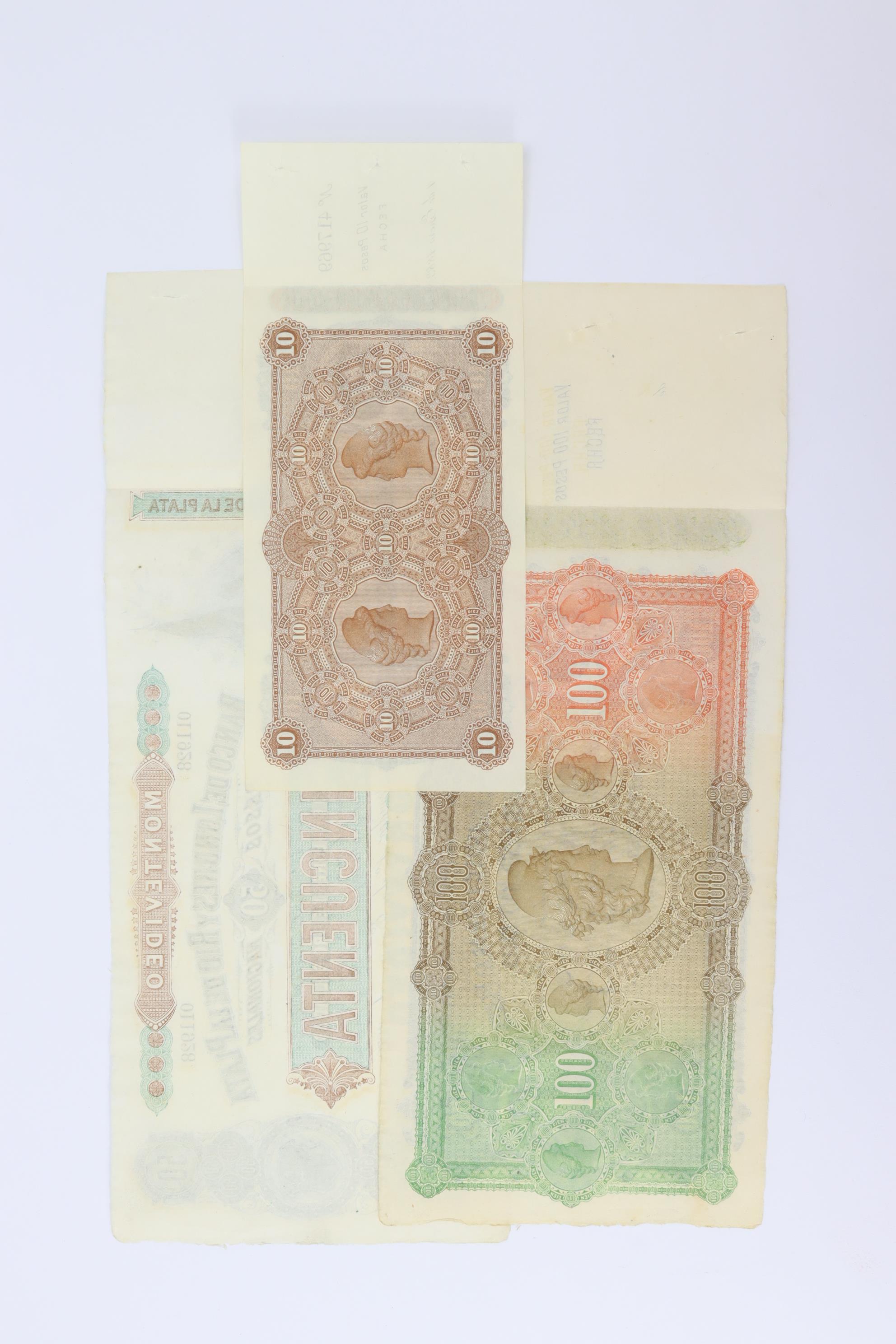Uruguay (3), Banco de Londres y Rio de la Plata 100 Pesos, 50 Pesos & 10 Pesos dated 23rd June 1862, - Image 2 of 2