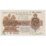 Warren Fisher 1 Pound issued 25th July 1927, rarer Great Britain & Northern Ireland issue, LAST