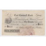 Cornwall, East Cornwall Bank, Liskeard 5 Pounds SPECIMEN undated and unsigned, serial No. A/B 9157