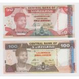 Swaziland (2), 100 Emalangeni dated 6th September 1996, 50 Emalangeni dated 1st April 1995, serial